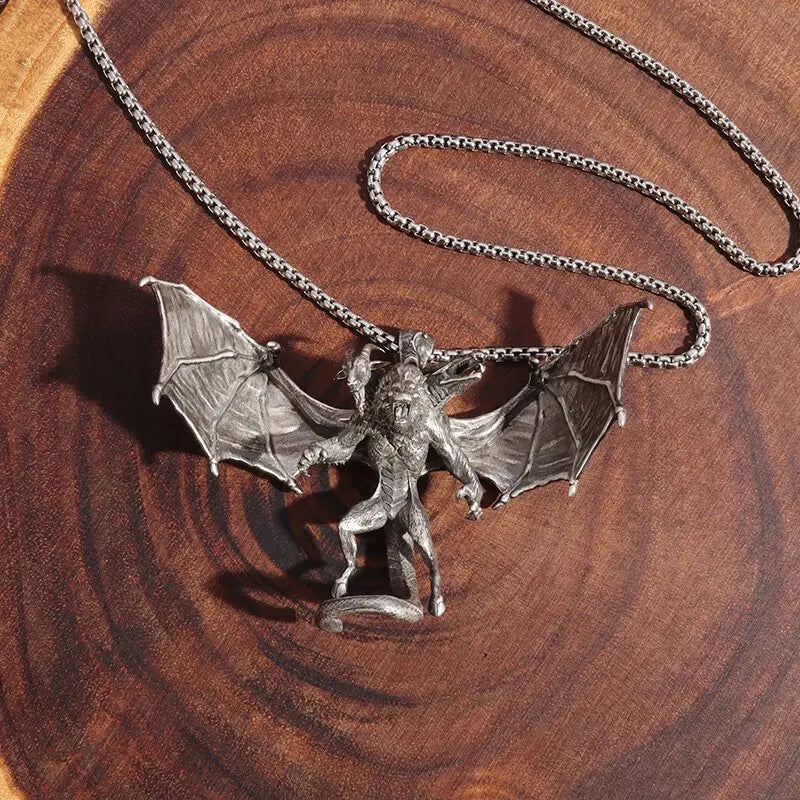 Personalized Goat Head and Dragon Head Inlaid Bat Wings Sky Wolf Pendant Necklace for Men and Women Dominant Metal Wolf