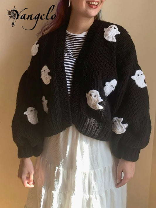 Yangelo Gothic Halloween Ghost Embroidered Loose Sweater Women's  Autumn Winter Warm Kawaii Long Sleeve Cardigan Sweater