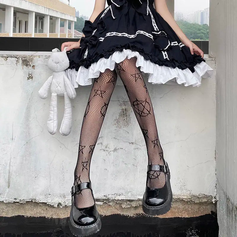 Lolita Girls Cute Pentacle Print Tights Women Sexy Gothic Punk Magical Five-Pointed Star Mesh Fish Net Pantyhose Body Stockings