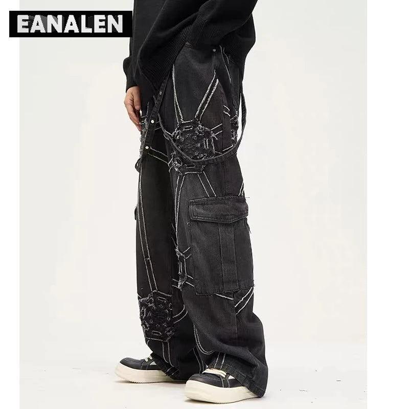 Harajuku retro tooling function black loose jeans men's 2K street clothing goth punk oversized straight pants women's wide legs