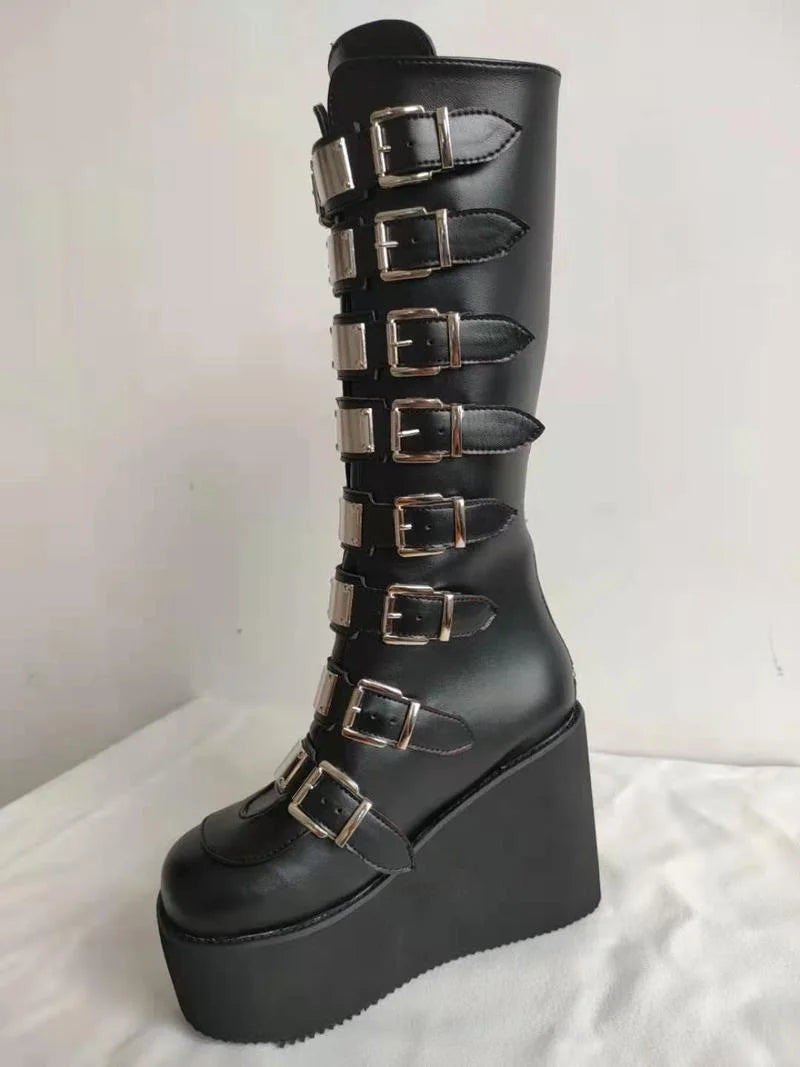 Women's High Boots Winter Long Tube Leather Knight Boot Punk Gothic Classic Black High Heel Shoes Knee-High