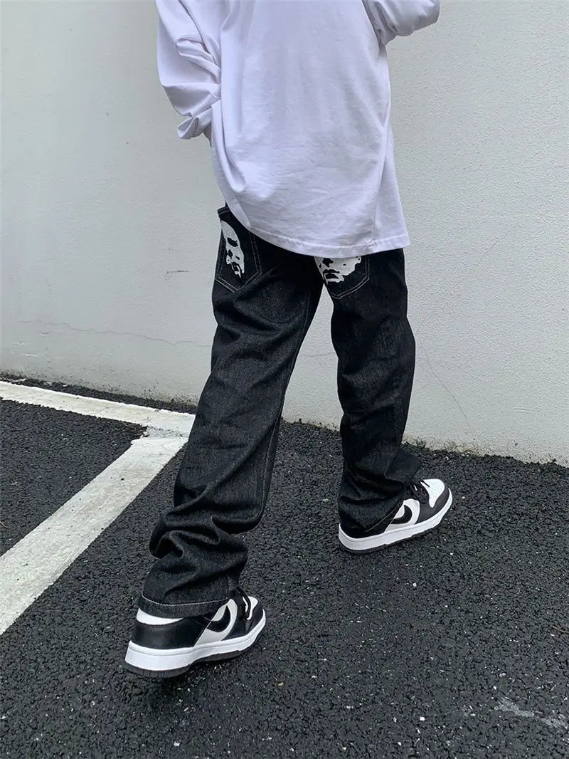 Emo Men Black Streetwear Hip Hop Skull Gothic Straight Wide Leg Cargo Pants Y2K Alt Harajuku Baggy Low Rise Jeans y2k grunge