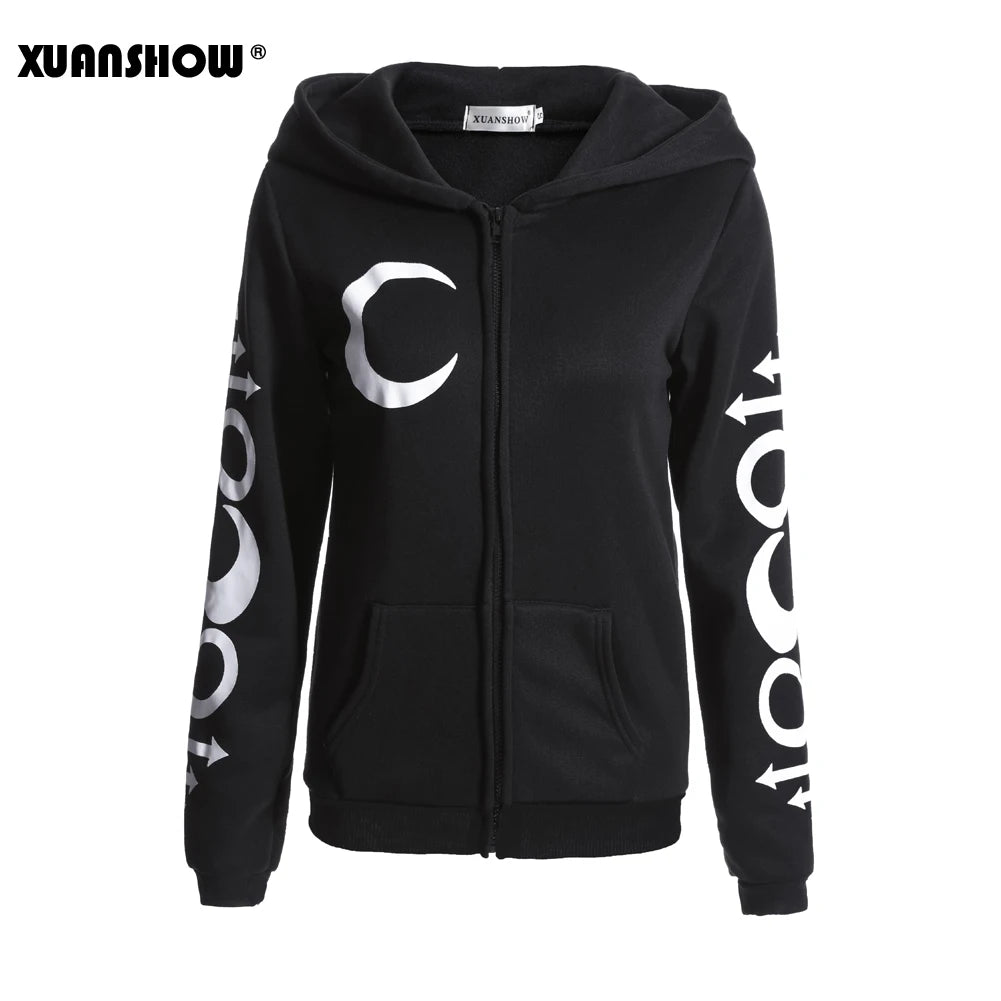 Women Hoodies Sweatshirts Gothic Punk Moon Letters Print Clothes Autumn Winter Long Sleeve Jacket Zipper Lady Coat