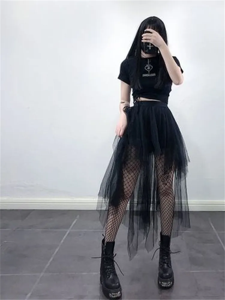 Gothic Black Mesh Long Mini Skirt Women Multilayer Irregular Dark Aesthetic Fairy Grunge Midi Skirts Punk Emo Alt Korean Fashion