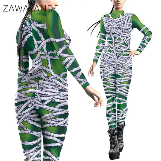 Zawaland Halloween Scary Mummy Costume Girls Cosplay Jumpsuit Carnival Party Outfit Green Zentai Bodysuit Woman Clothing Catsuit