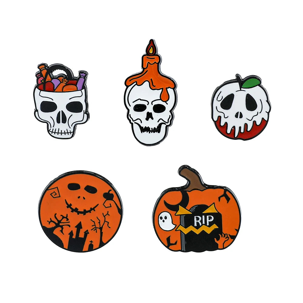 New Creative Halloween Skull Brooch Funny Pumpkin Skeleton Candle Scary Holiday Metal Badge Accessory Clothes Lapel Pin Jewelry