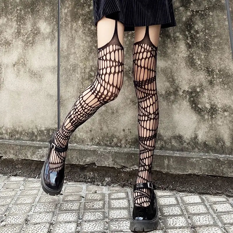 Sexy Spider Web Stockings Women Thigh High Fishnet Mesh Tights Pantyhose Gothic Lolita Legging Dark Spider Hollow Out Long Socks