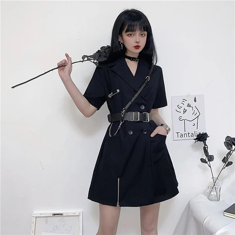 Summer New Harajuku Double Breasted Suit Short Sleeve Dress Retro Fashion Zipper Split Small Black Skirt Emo Sukienka Goth Urban