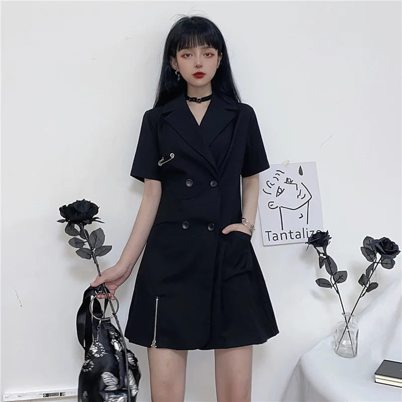 Summer New Harajuku Double Breasted Suit Short Sleeve Dress Retro Fashion Zipper Split Small Black Skirt Emo Sukienka Goth Urban