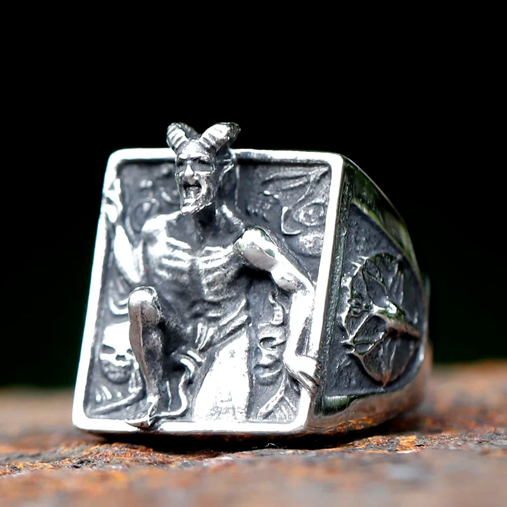 Satanic RING for men stainless steel Baphomet Goat Headed Pagan Religion Deity Jewelry Fallen Angel Lucifer free shipping