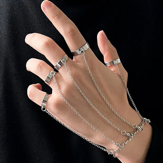 LATS Punk Silver Color Chain Wrist Bracelet Rings for Women Men Charm Set Couple Emo Detachable Ring 2022 Fashion Jewelry Gift