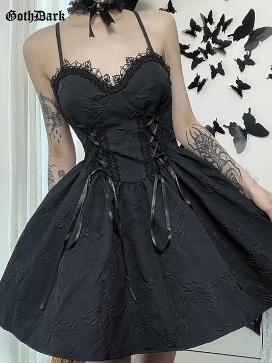 Goth Dark Tie Up Mall Gothic Elegant Women Dresses Grunge Aesthetic Jacquard A-Line Dress Emo Lace Trim Black Party Alt Clothes