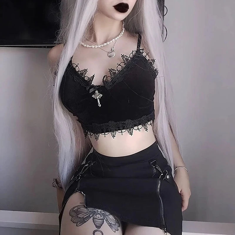 Goth Dark Mall Gothic Harajuku Velvet Camis Black Lace Trim Emo Alternative Aesthetic Crop Tops Women Backless Sexy Strap Tanks