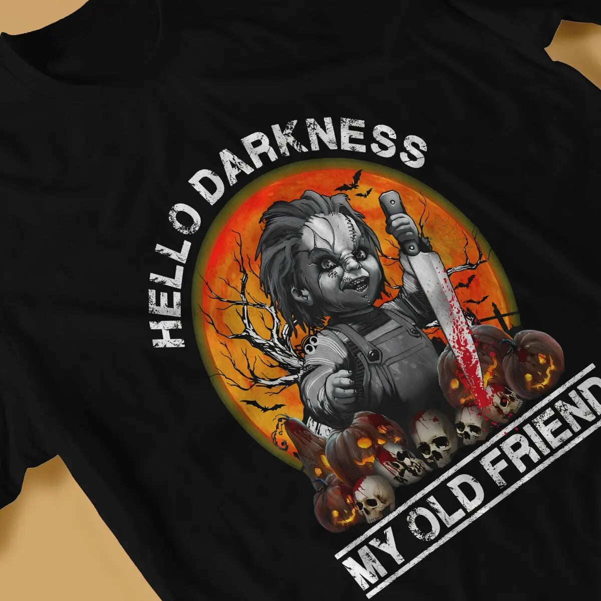 Hello Darkness My Old Friend Halloween TShirt For Male Child's Play Chucky Horror Film Clothing Style Polyester T Shirt Soft