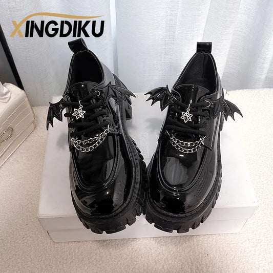 Punk Wind Fashion Single Shoes Autumn New Devil Bat Wings Gothic Women's Shoes Thick Bottom Waterproof Platform Metal Chain