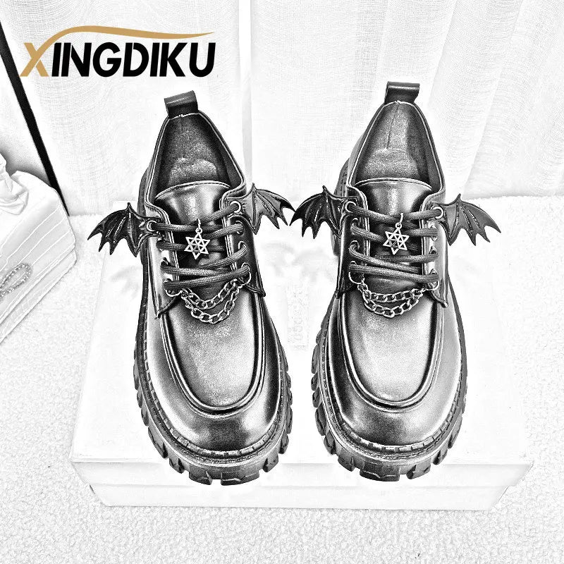 Punk Wind Fashion Single Shoes Autumn New Devil Bat Wings Gothic Women's Shoes Thick Bottom Waterproof Platform Metal Chain