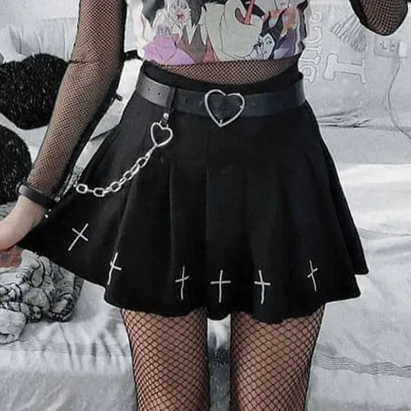 Black High Waist Mini Skirts Punk Pleated Vintage Skirt Gothic Streetwear Cross Print Pleated Women Skirts Lolita Harajuku Skirt