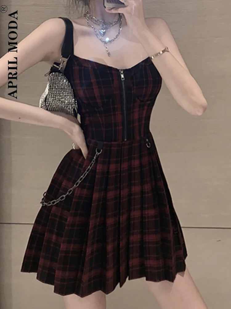 Gothic Girls Red Plaid Pleated Emo Alt Dress Y2K Zip Up Robe Femme Punk Black Spaghetti Strap Mini Short Jurken Goth Streetwear