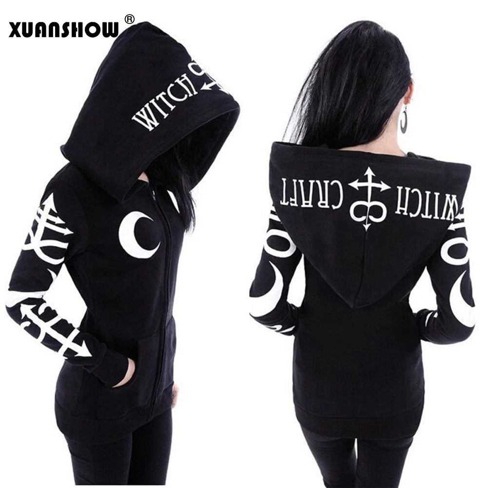 Women Hoodies Sweatshirts Gothic Punk Moon Letters Print Clothes Autumn Winter Long Sleeve Jacket Zipper Lady Coat