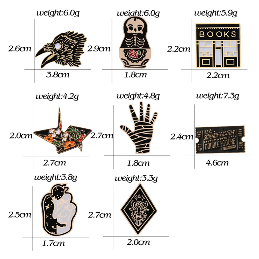 Collection Punk Cool Enamel Pins Magic Hat Eagle Movie Ticket Rock Hand Crane Skeleton Brooches Dark Black Badge Gothic Jewelry