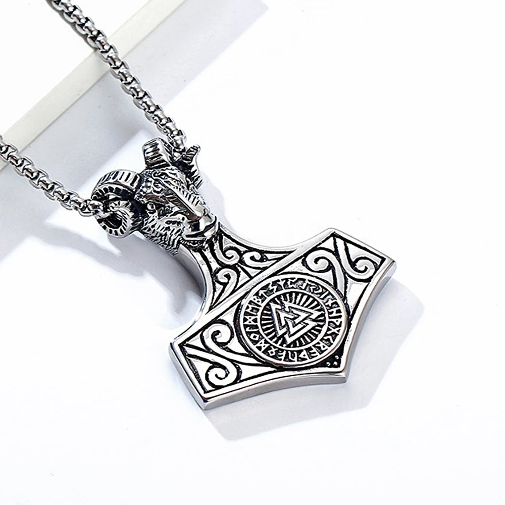 Viking Goat Head Odin Thor's Hammer Pendant Stainless Steel Creative Compass Necklace Amulet Jewelry Wholesale