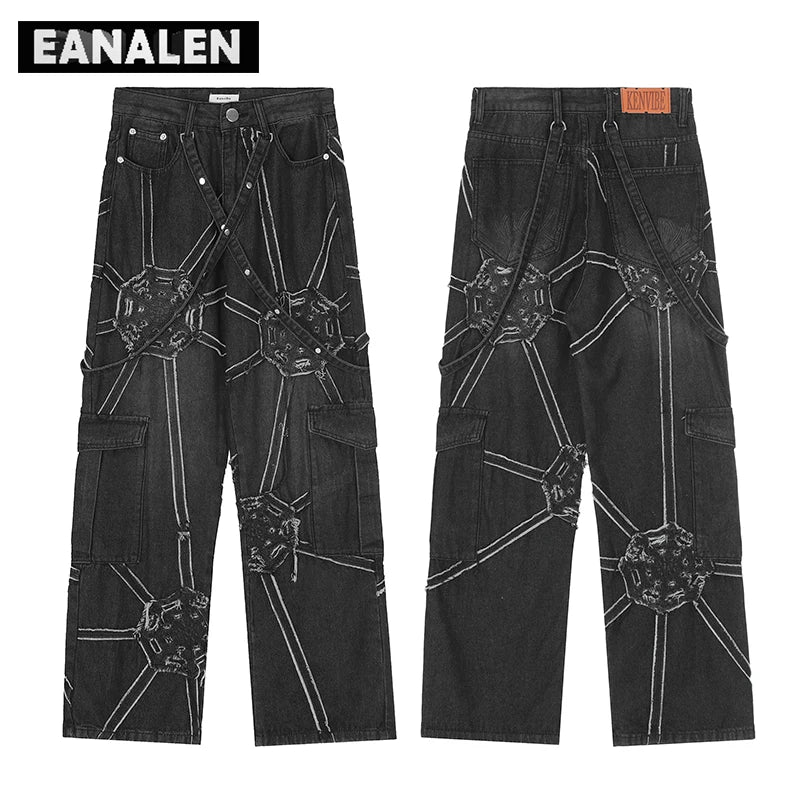 Harajuku retro tooling function black loose jeans men's 2K street clothing goth punk oversized straight pants women's wide legs