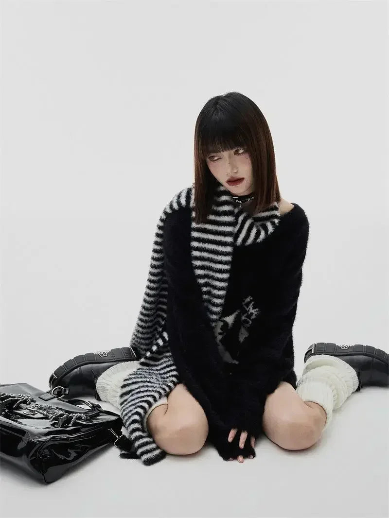 Black Gothic Skull Sweater Cyber Y2k Grunge Fairy Core Knitwear Striped Scarf Punk Mohair Pullover Women Emo Alt Knitted Jumper