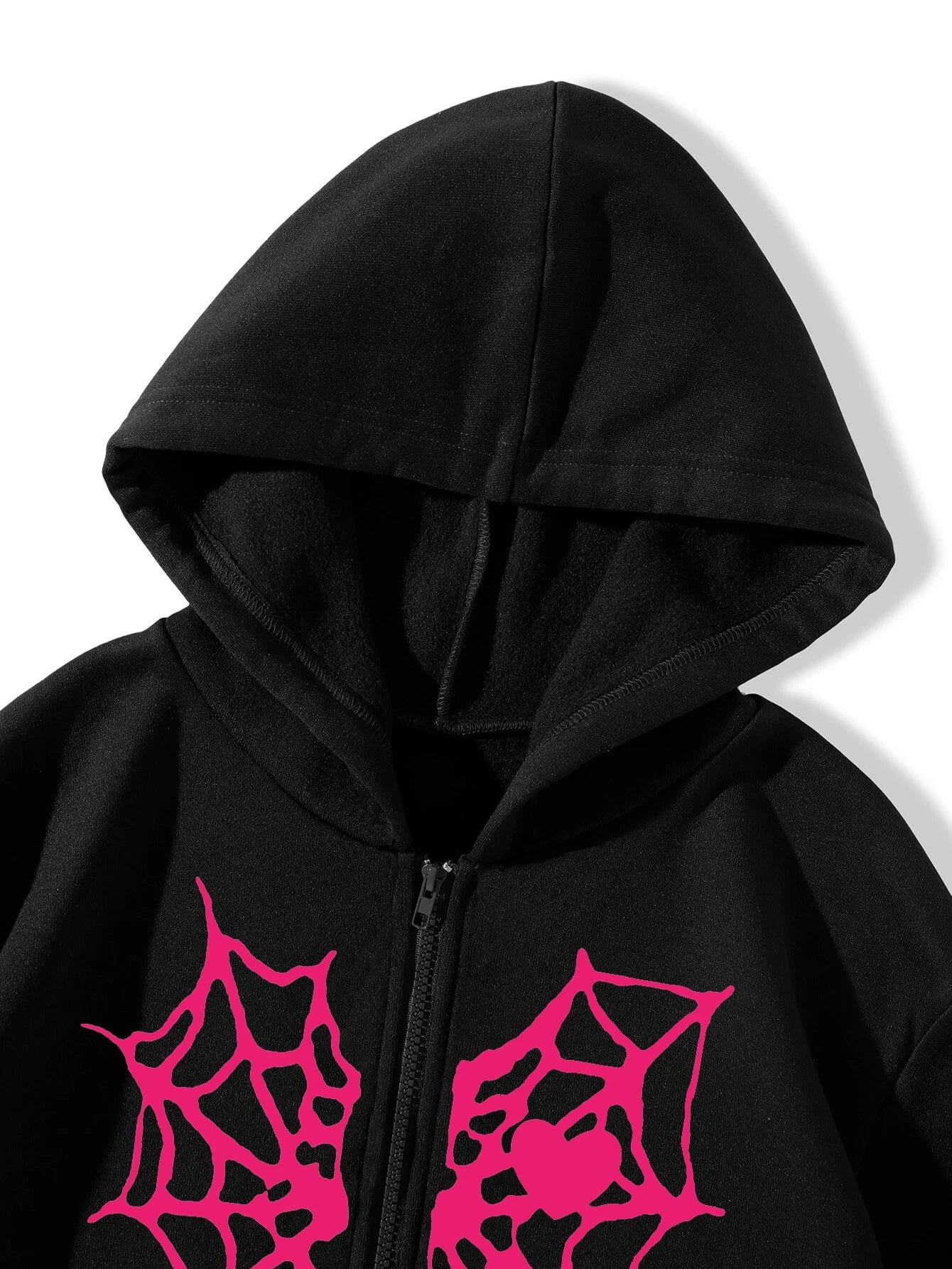 Spider Web & Heart Printing Zipper Thermal Hoodie Women Winter Warm Fleece Street Clothing Casual Street Sportswears Female