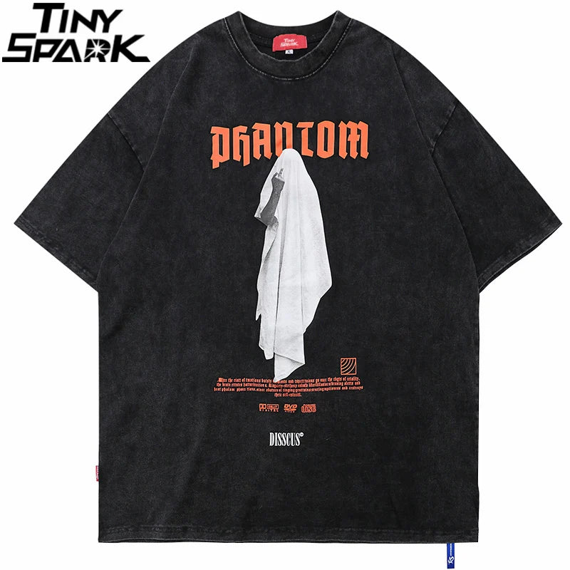 Washed T-Shirt Middle Finger Ghost Print T Shirt 2024 Summer Short Sleeve Harajuku Cotton Tshirt