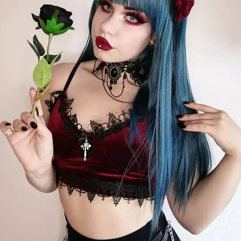 Goth Dark Mall Gothic Harajuku Velvet Camis Black Lace Trim Emo Alternative Aesthetic Crop Tops Women Backless Sexy Strap Tanks