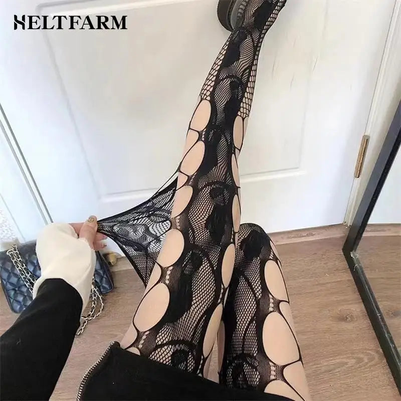 Y2K Fashion Women Goth Punk Sexy Knife Cutting Damage Fishnet Leggings Pantyhose Stockings Hollow Out Pattern Tights Mesh Socks