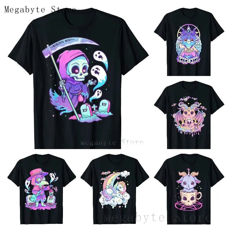 Skull and Crow Goat Retro Aesthetic Pastel Goth Art T-Shirts Women Kawaii Anime Clothes Hombre Camisetas Tops Vintage Men T Shirt