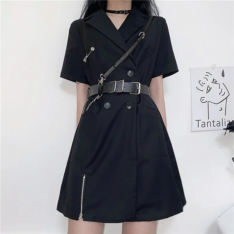 Summer New Harajuku Double Breasted Suit Short Sleeve Dress Retro Fashion Zipper Split Small Black Skirt Emo Sukienka Goth Urban