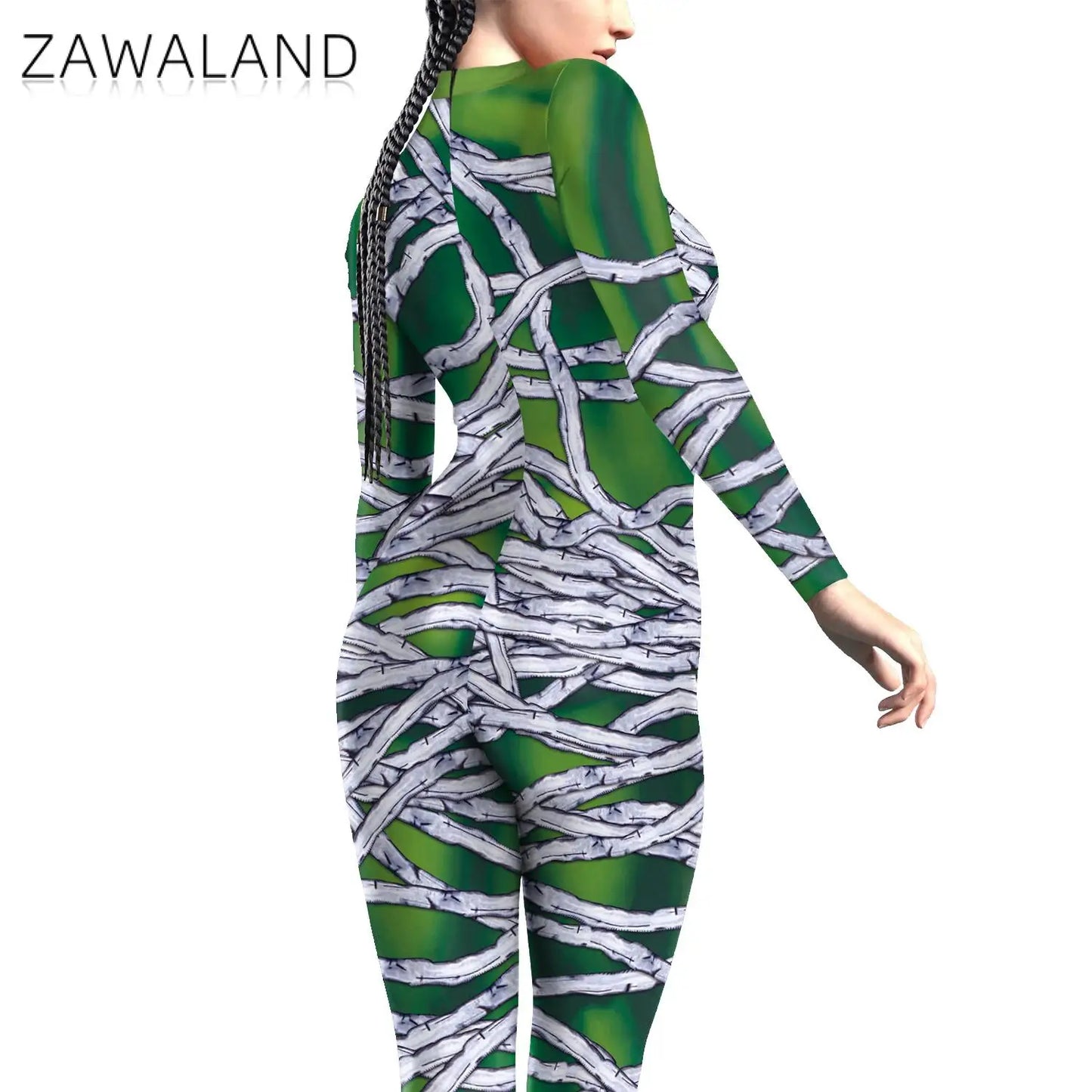 Zawaland Halloween Scary Mummy Costume Girls Cosplay Jumpsuit Carnival Party Outfit Green Zentai Bodysuit Woman Clothing Catsuit