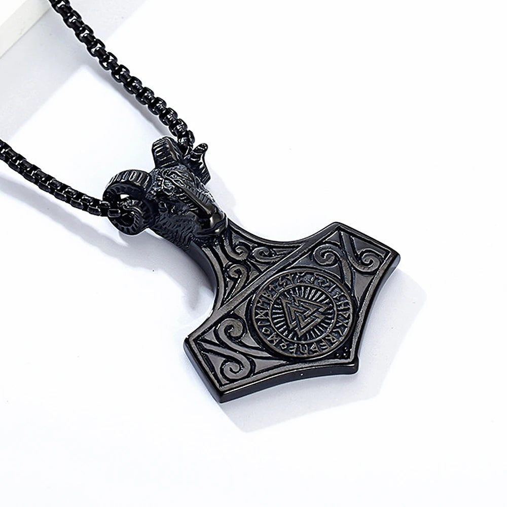 Viking Goat Head Odin Thor's Hammer Pendant Stainless Steel Creative Compass Necklace Amulet Jewelry Wholesale