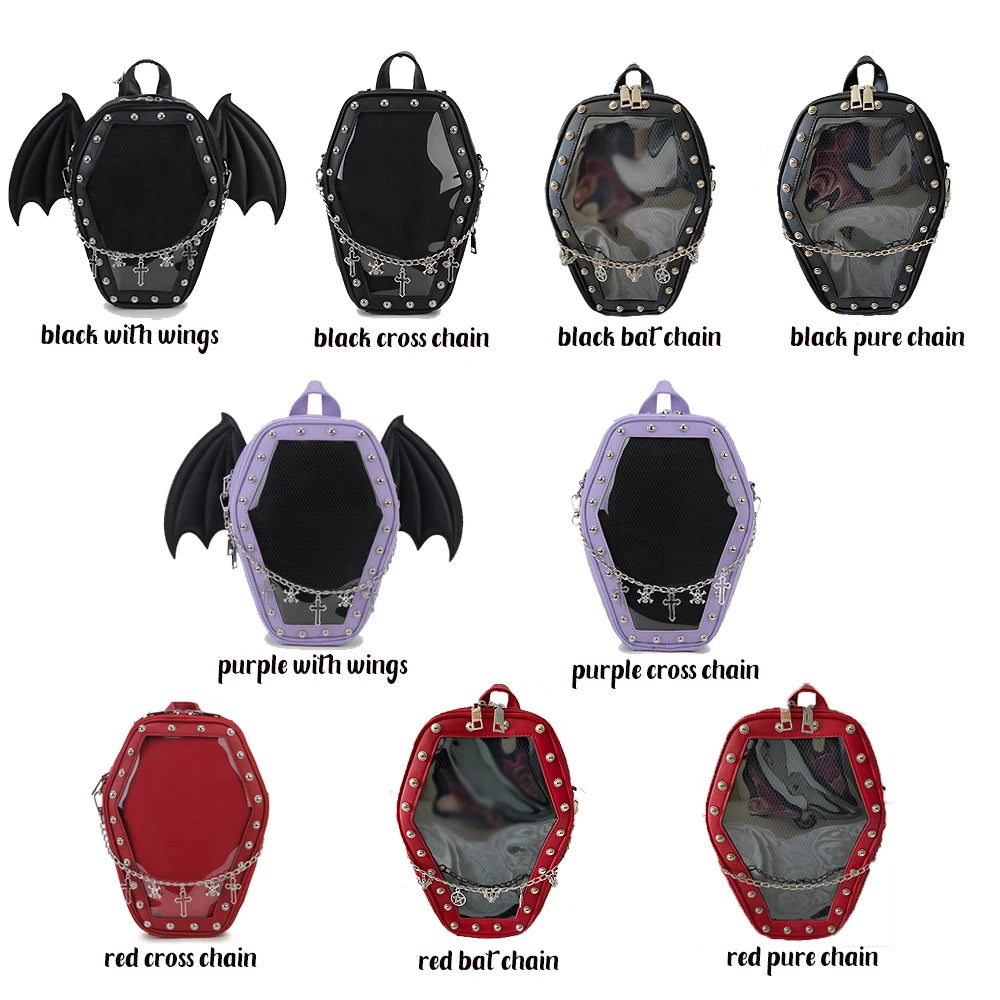 Bat Wings Coffin Ita Bag for Goth Pin Collector Women Shoulder Bag Small Clear School Bag Punk Ita Purse Enamel Pin Display Bag