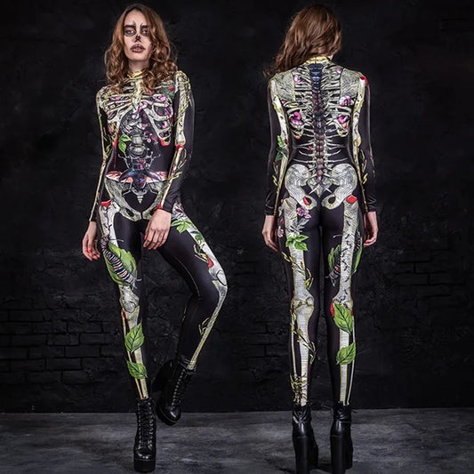 S-XL Halloween Women Outfits Cosplay Clothing Halloween Horror Human Skeleton Tight Jumpsuit Scary Costumes Playsuit BodySuit