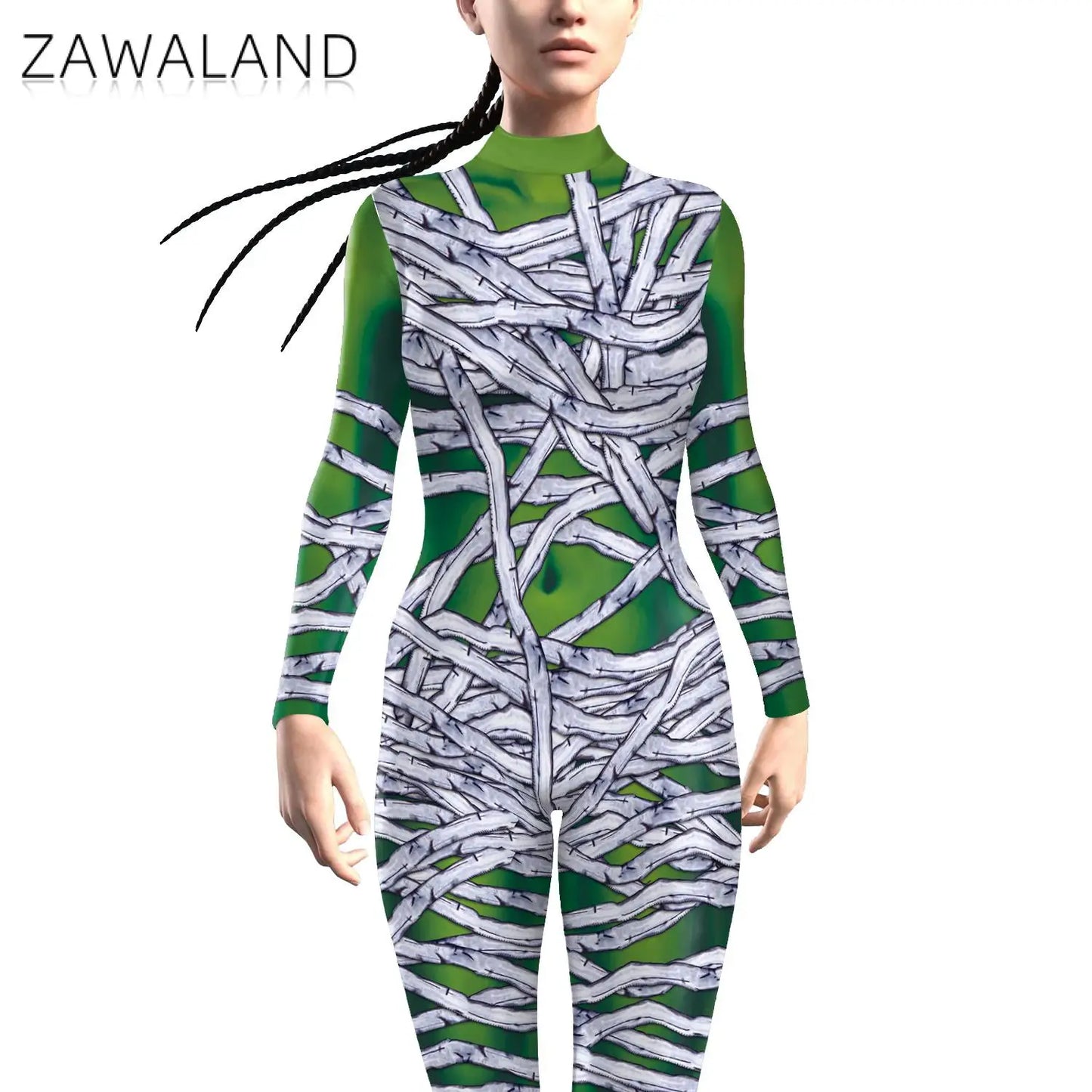 Zawaland Halloween Scary Mummy Costume Girls Cosplay Jumpsuit Carnival Party Outfit Green Zentai Bodysuit Woman Clothing Catsuit