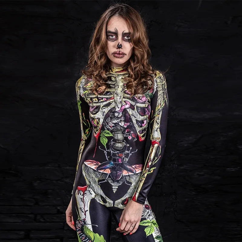 S-XL Halloween Women Outfits Cosplay Clothing Halloween Horror Human Skeleton Tight Jumpsuit Scary Costumes Playsuit BodySuit