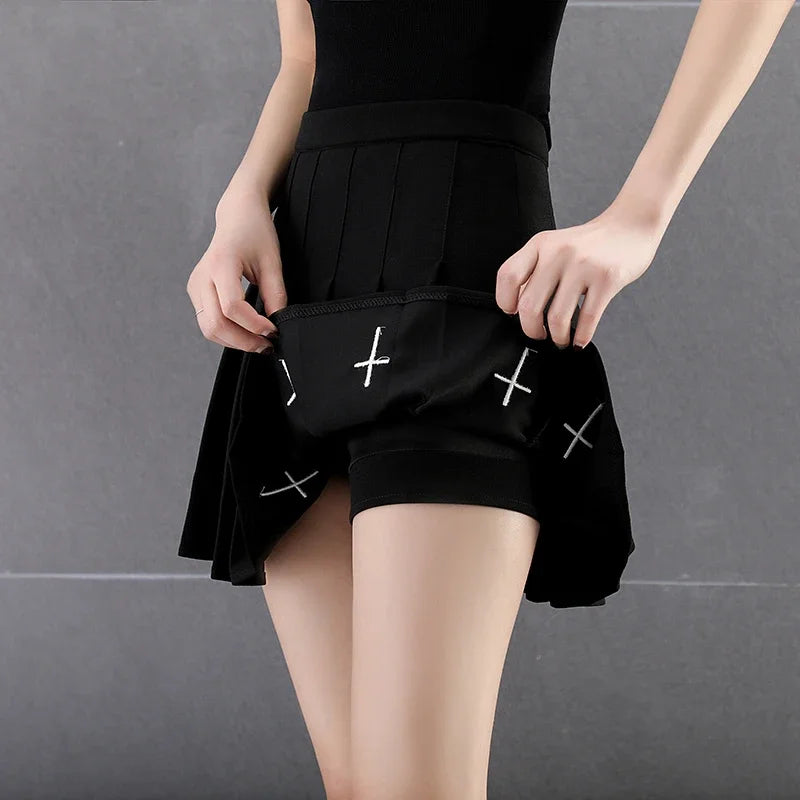 Black High Waist Mini Skirts Punk Pleated Vintage Skirt Gothic Streetwear Cross Print Pleated Women Skirts Lolita Harajuku Skirt