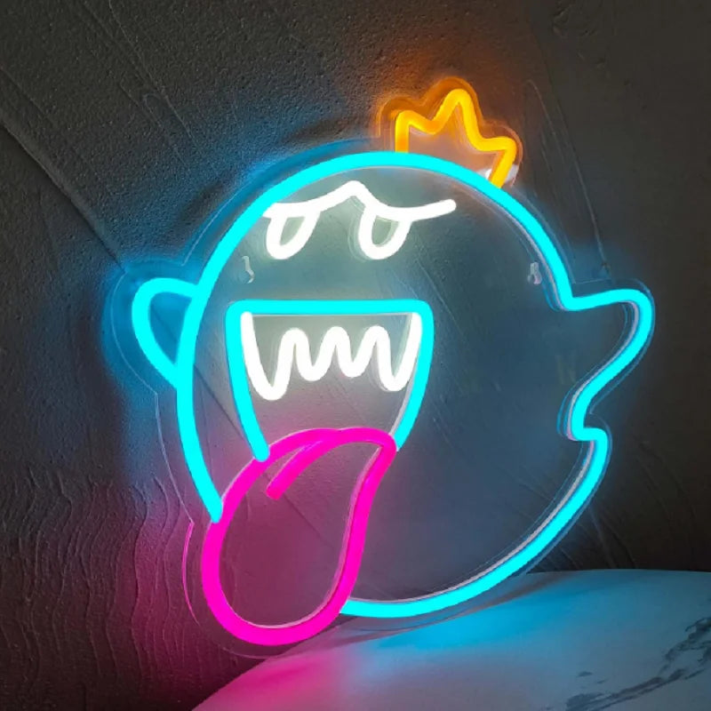 Neon Sign King Boo The Ghost Face LED Neon Light Mario Lamp Acrylic Sign for Game Room Gifts for Boy Room Decor