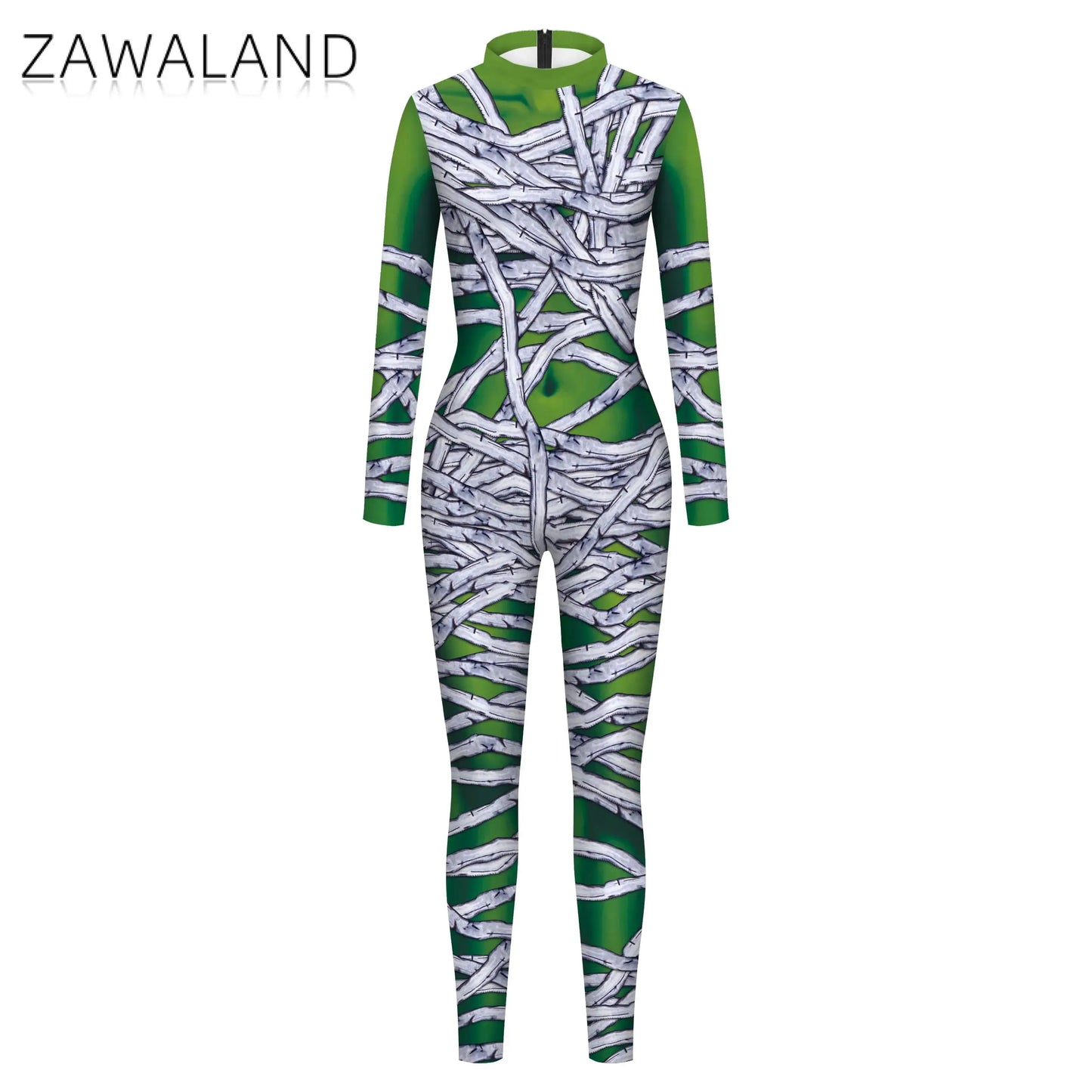 Zawaland Halloween Scary Mummy Costume Girls Cosplay Jumpsuit Carnival Party Outfit Green Zentai Bodysuit Woman Clothing Catsuit