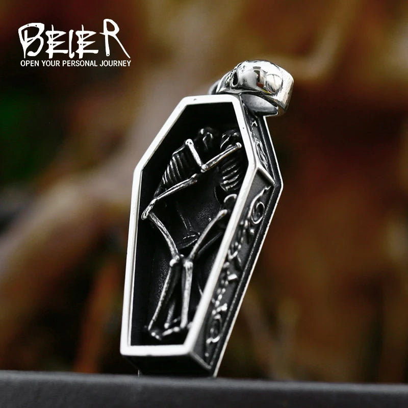 BEIER 2024 New Creative Designs Double Skull Coffin Necklace Pendant For Men Women Gothic Punk Jewelry Dropshipping