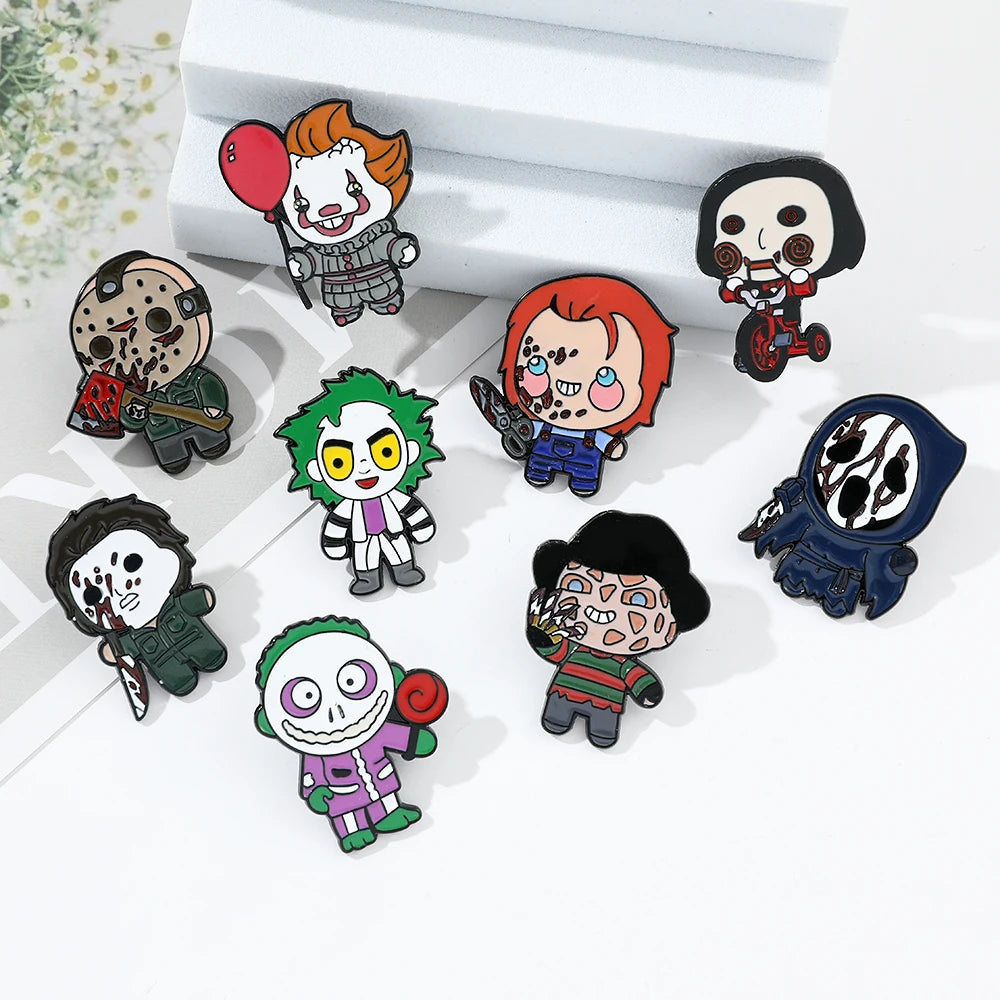 Cute Horror Movie Figure Enamel Pins Halloween Metal Badges for Women Men Cartoon Brooch Jewelry Festival Accessories Gift