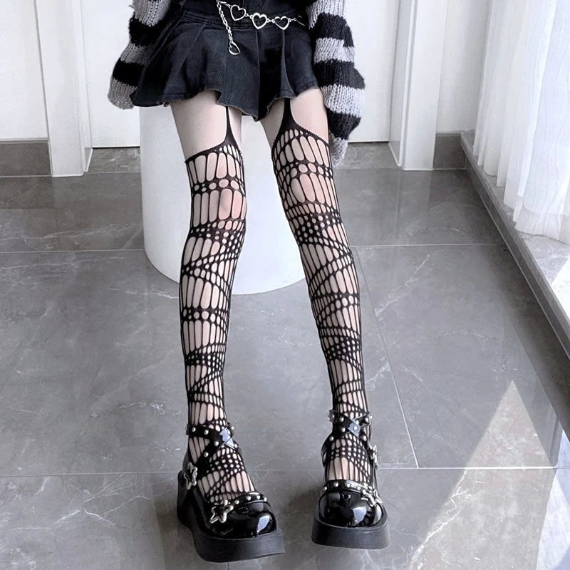 Sexy Spider Web Stockings Women Thigh High Fishnet Mesh Tights Pantyhose Gothic Lolita Legging Dark Spider Hollow Out Long Socks