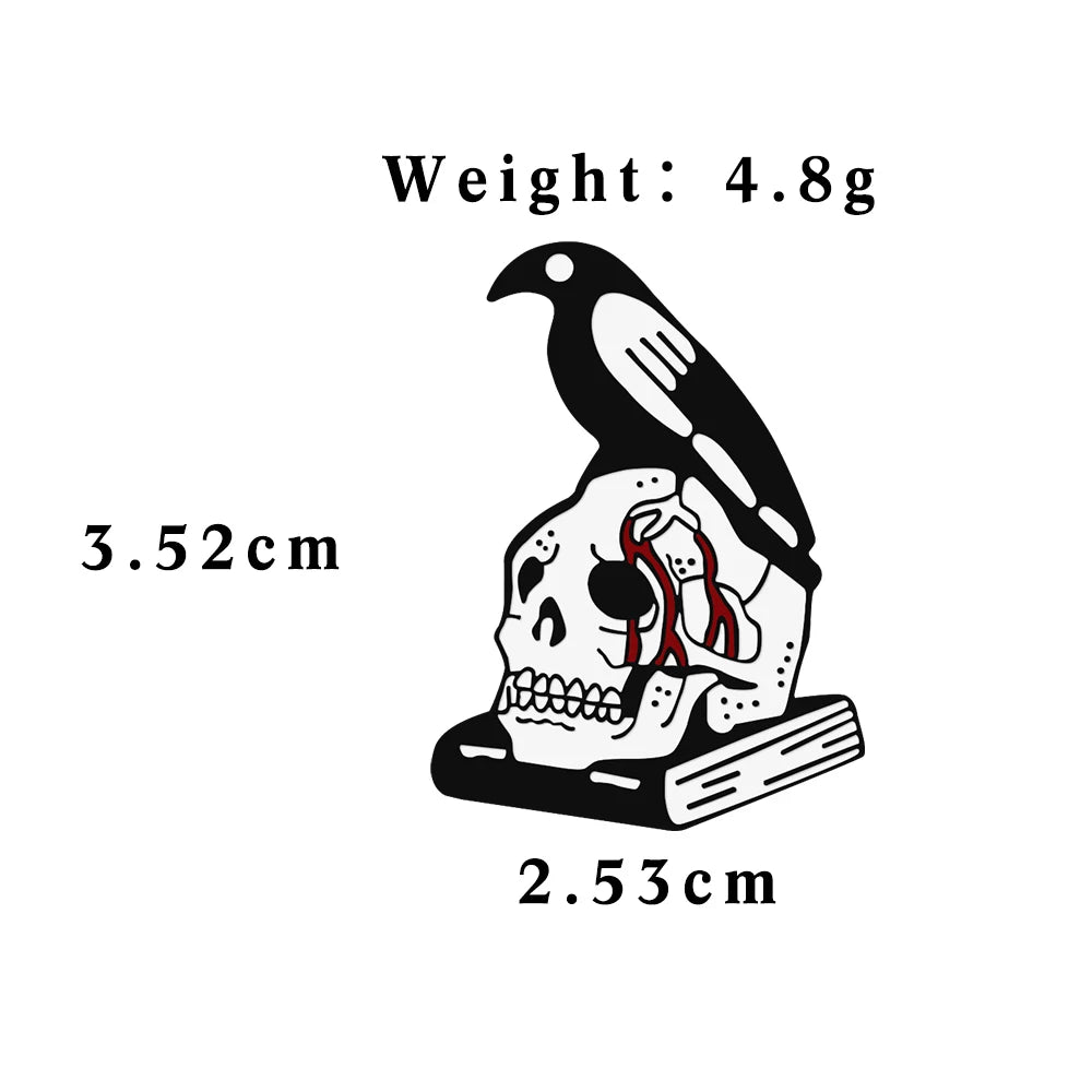 Death Notification!Gothic Skeleton Brooch Badge Horrible Crow Standing on Bleeding Skull Enamel Pin Creative Denim Lapel Jewelry