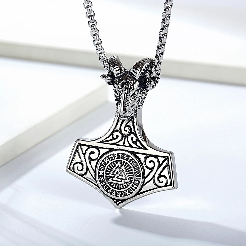 Viking Goat Head Odin Thor's Hammer Pendant Stainless Steel Creative Compass Necklace Amulet Jewelry Wholesale