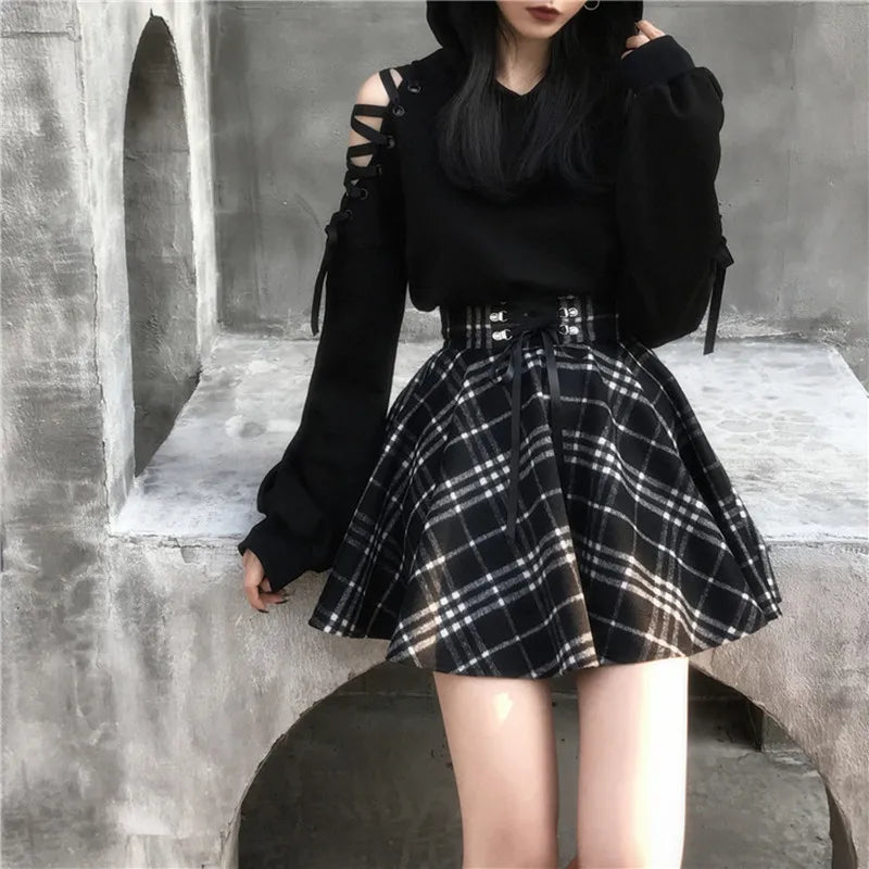 Gothic Lolita Skirt Women 2020 Spring Autumn Winter High Waisted Lace-up Short Plaid Wool Skirts Mini tutu femme