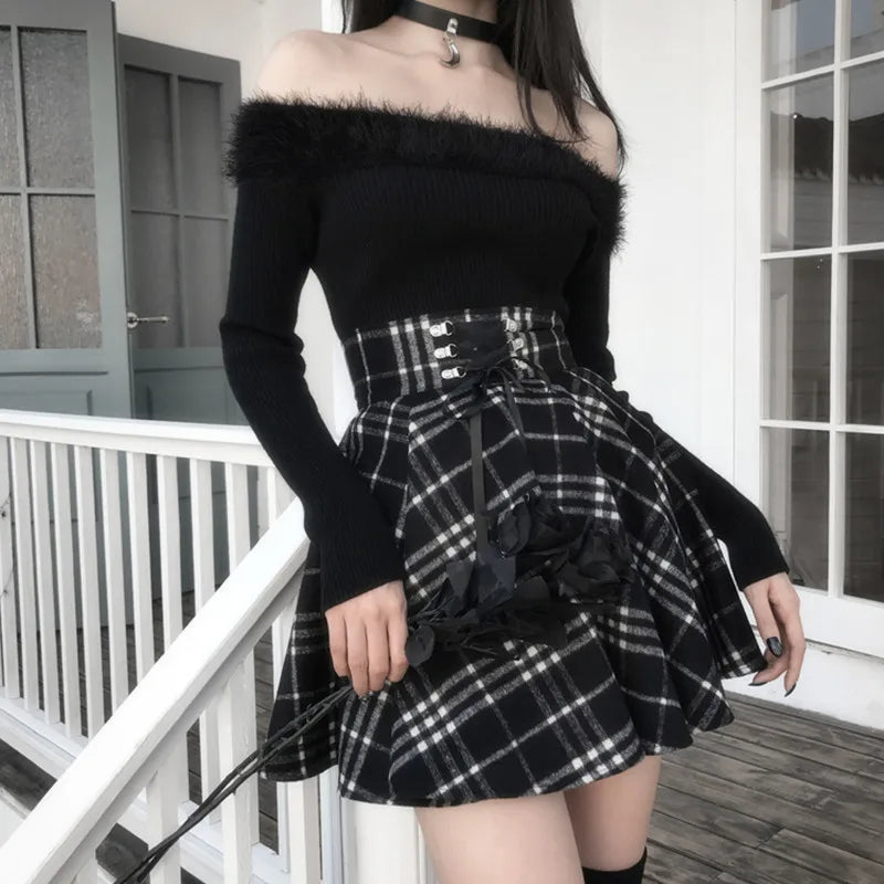 Gothic Lolita Skirt Women 2020 Spring Autumn Winter High Waisted Lace-up Short Plaid Wool Skirts Mini tutu femme