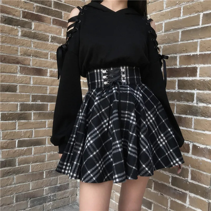 Gothic Lolita Skirt Women 2020 Spring Autumn Winter High Waisted Lace-up Short Plaid Wool Skirts Mini tutu femme